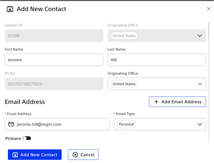 Add contact modal with secondary email